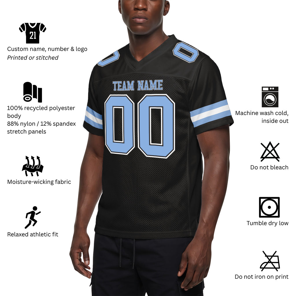 Custom Black Light Blue-White Custom Name Mesh Football Jersey