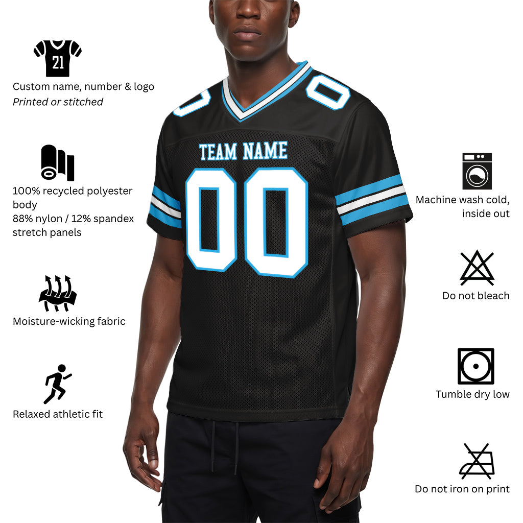 Custom Black White-Sky Blue Mesh Football Jersey