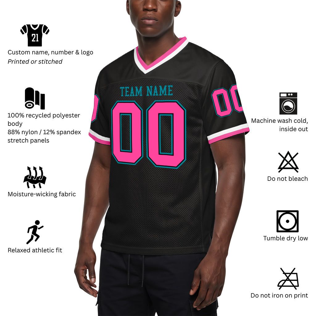 Custom Black Pink-Teal Mesh Throwback Mesh Football Jersey