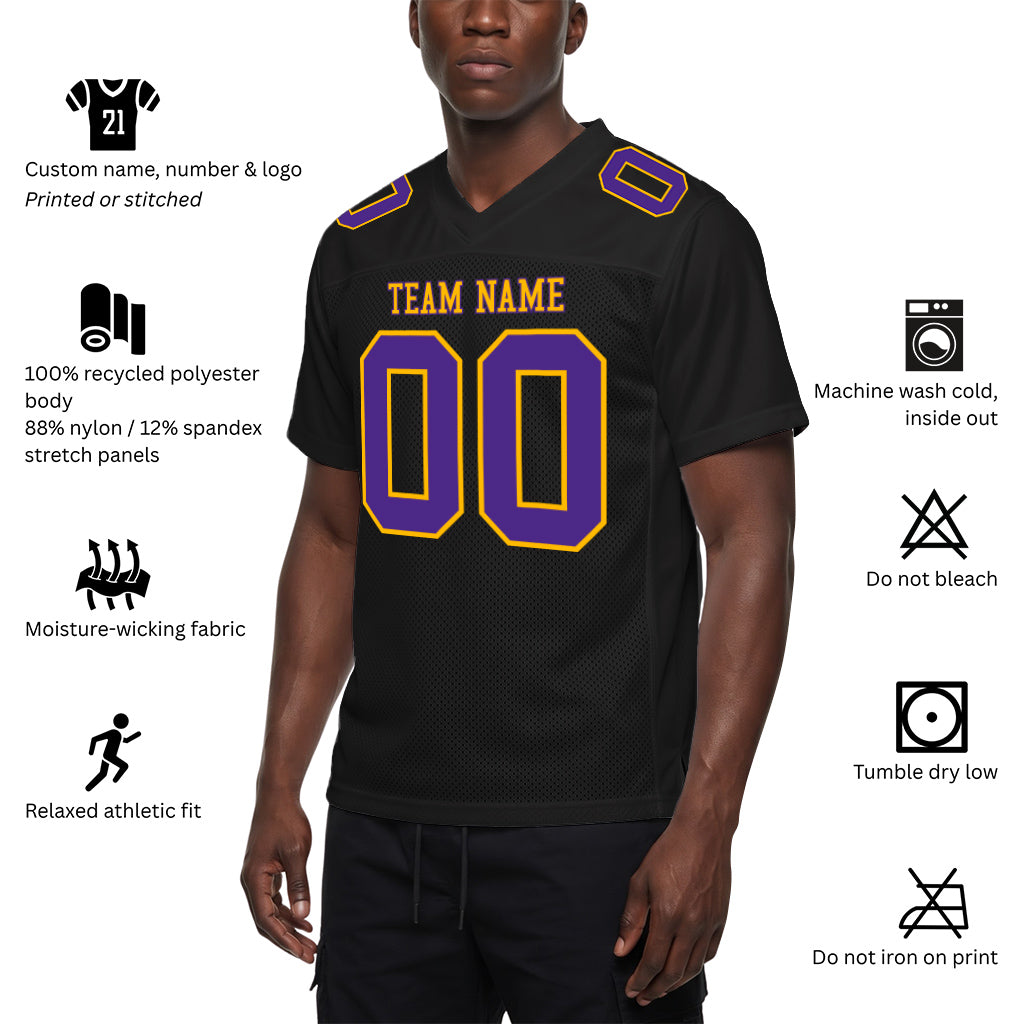 Custom Black Purple-Gold Mesh Football Jersey