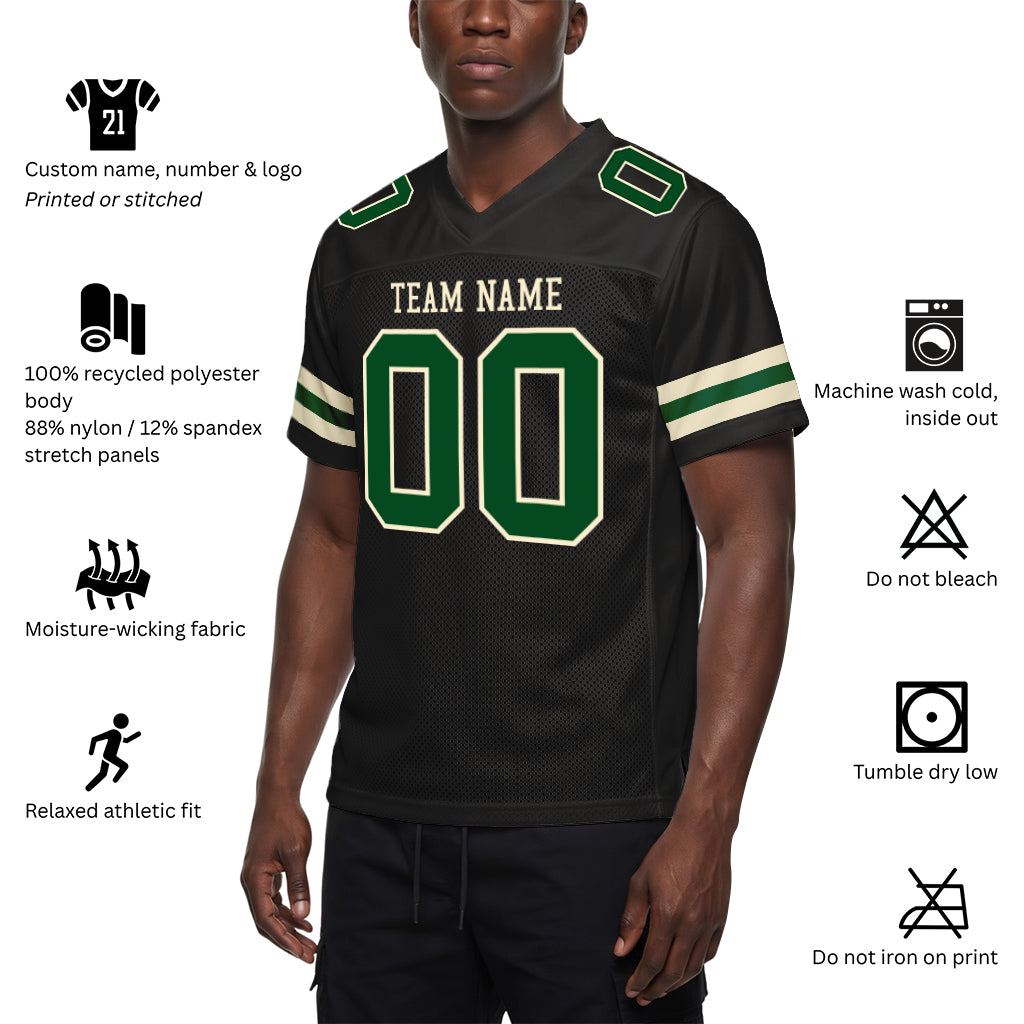 Custom Black Green-Cream Mesh Football Jersey