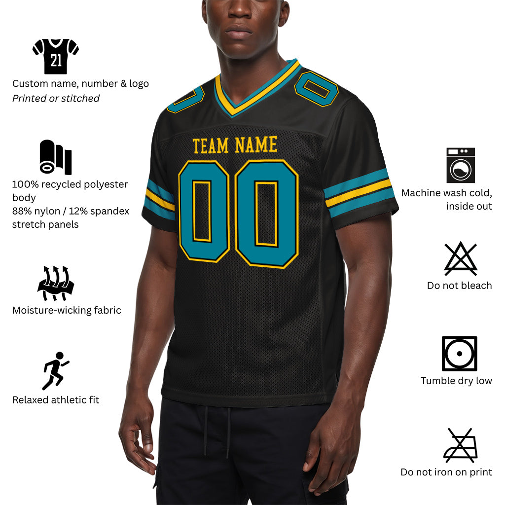 Custom Black Teal-Yellow Custom Name Mesh Football Jersey