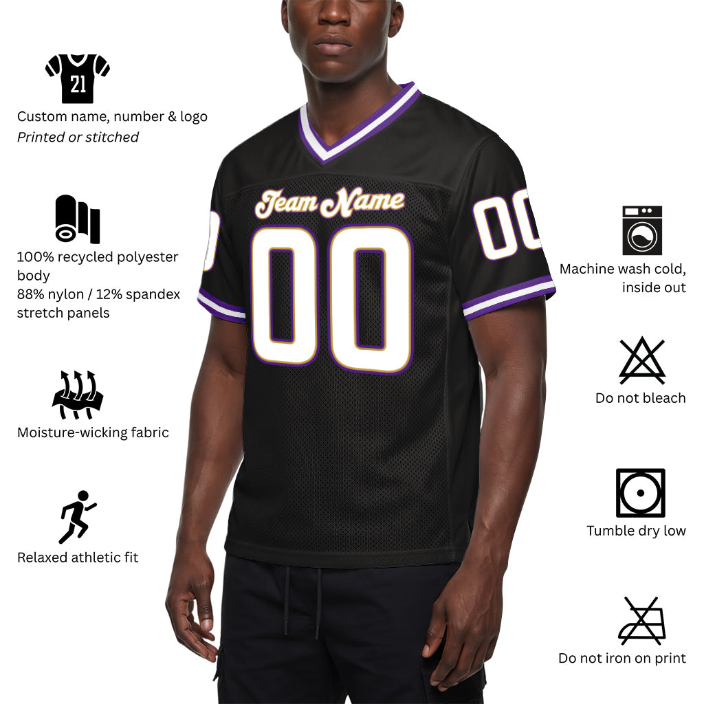Custom Black White-Purple Mesh Throwback Mesh Football Jersey