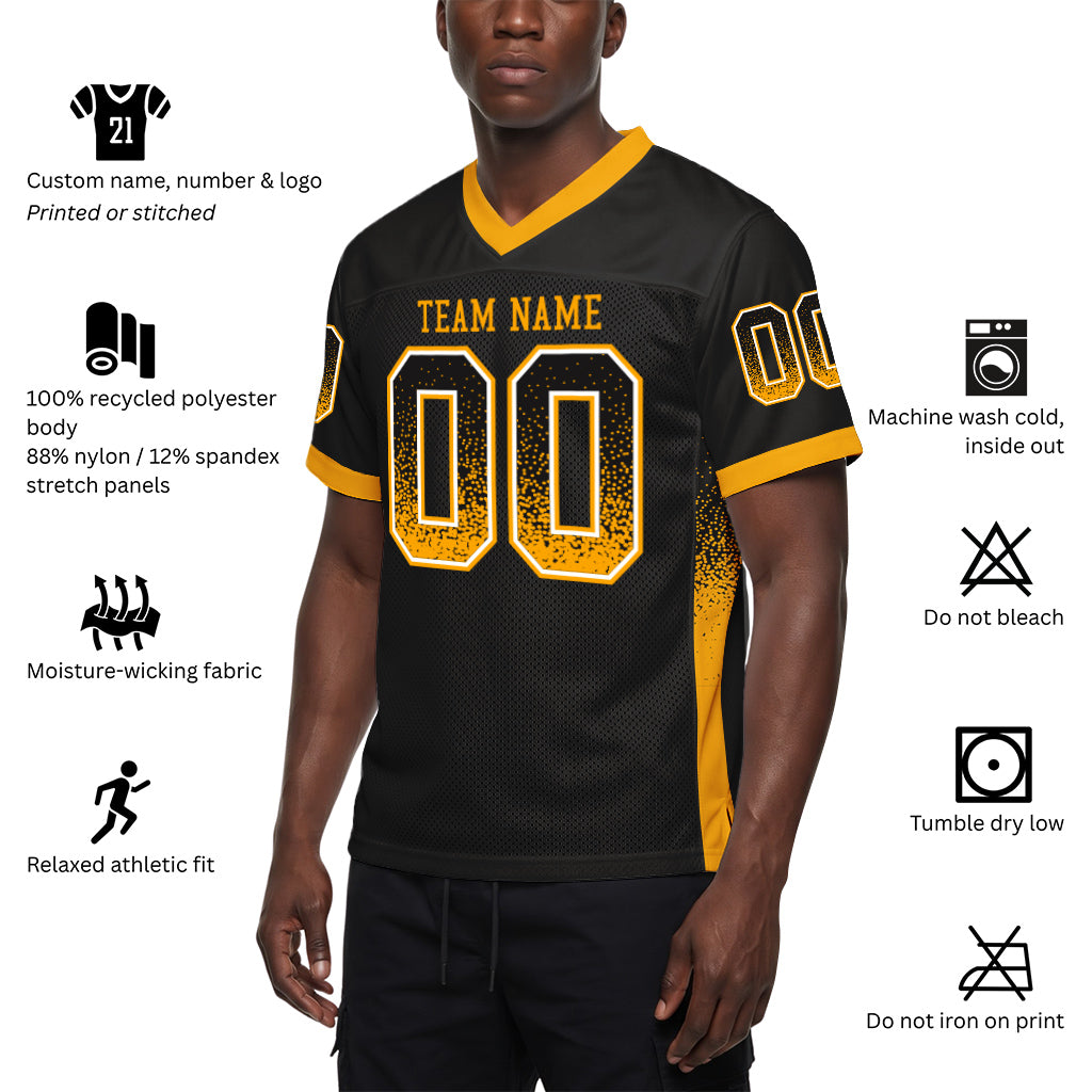 Custom Black Gold-White Drift Fashion Custom Name Mesh Football Jersey