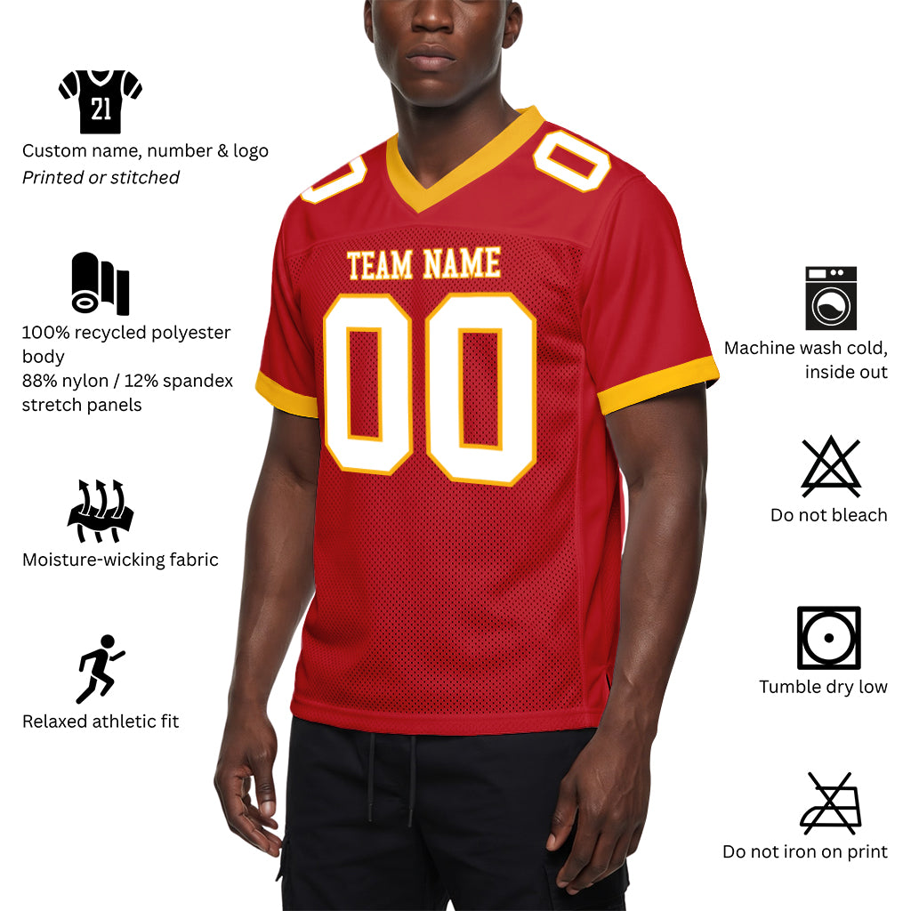 Custom Red White-Gold Mesh Football Jersey