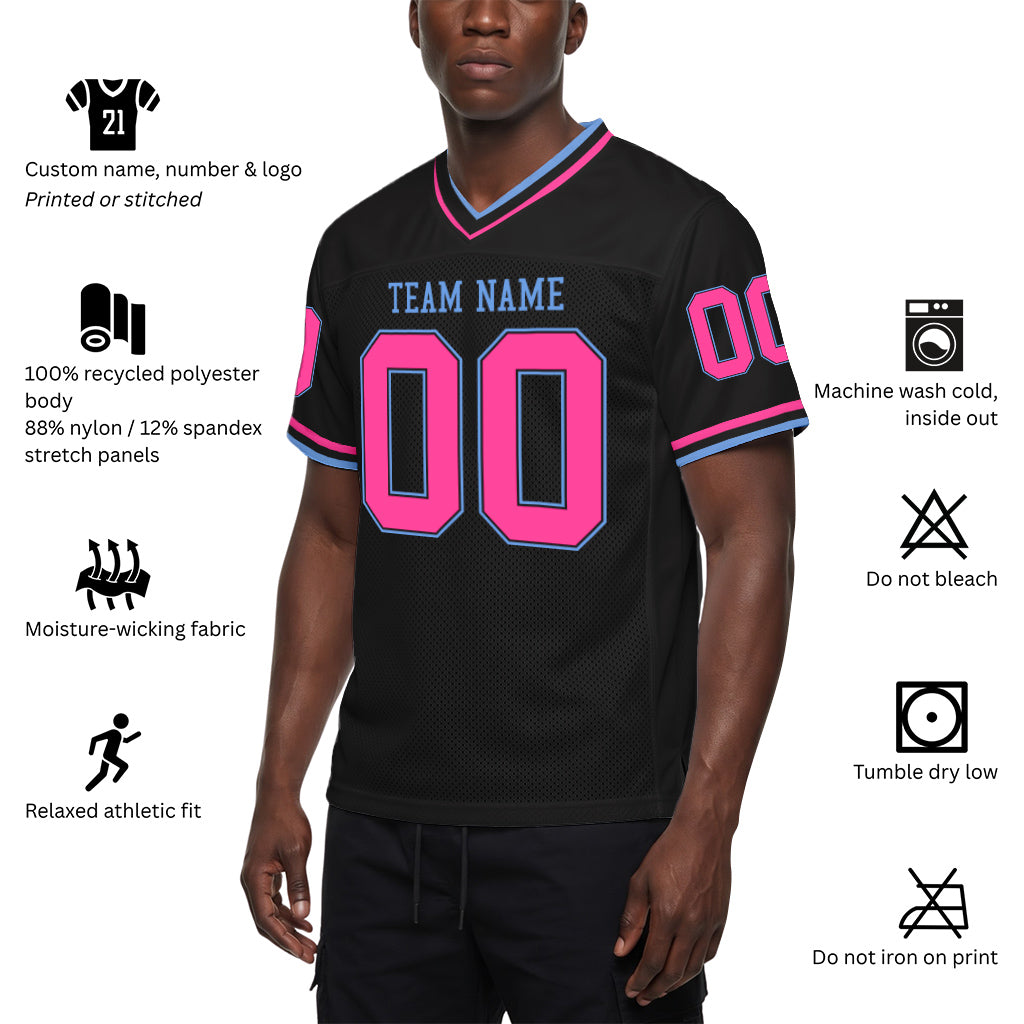 Custom Black Pink-Light Blue Mesh Football Jersey