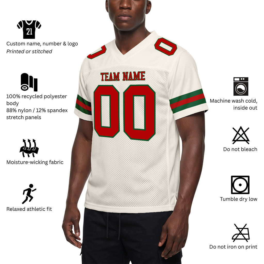 Custom Cream Red-Green Mesh Football Jersey