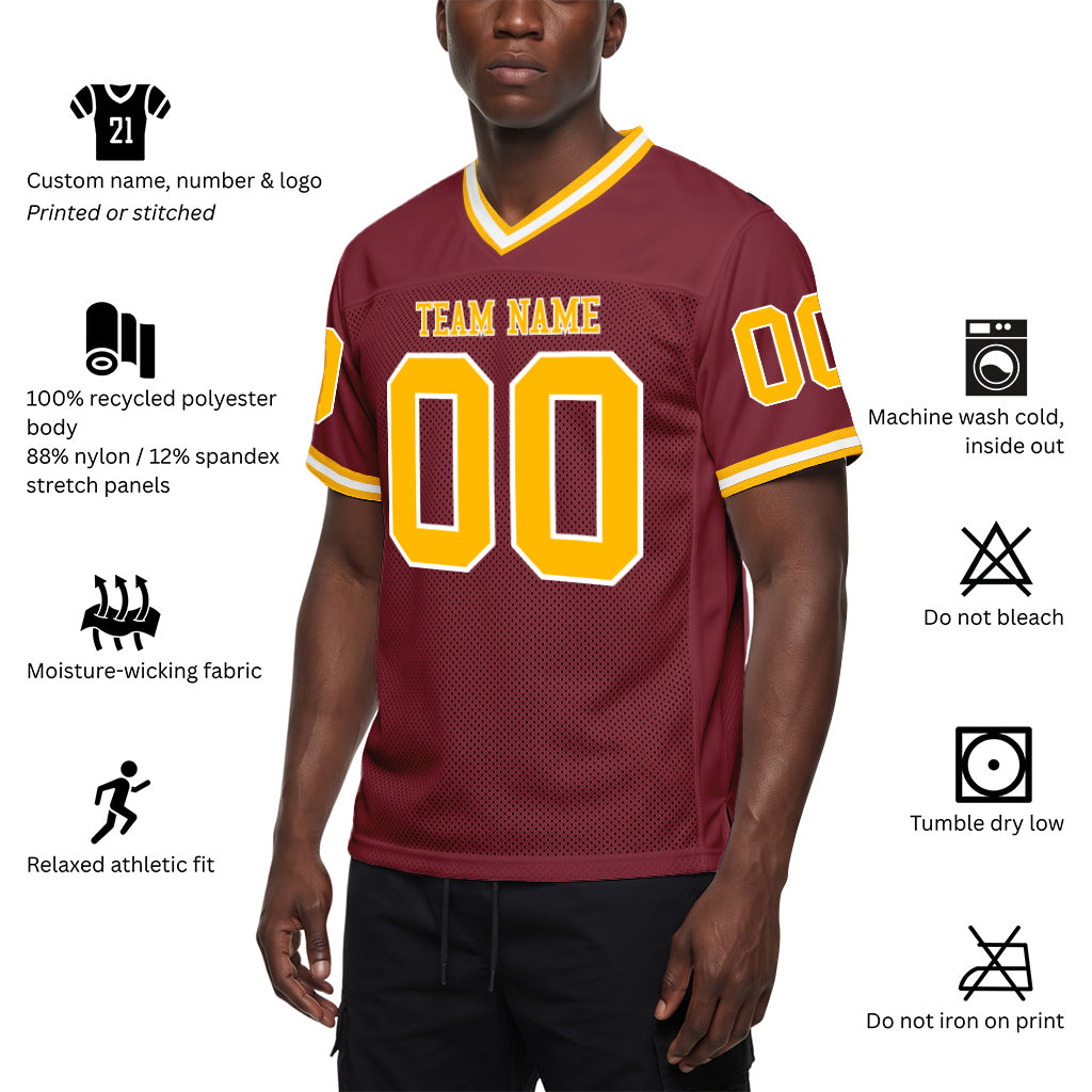 Custom Burgundy Gold-White Mesh Football Jersey