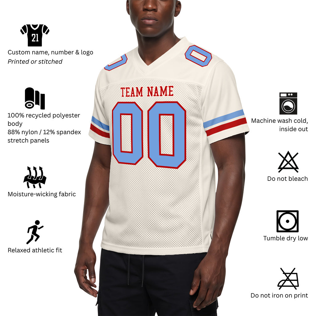 Custom Cream Light Blue-Red Mesh Football Jersey