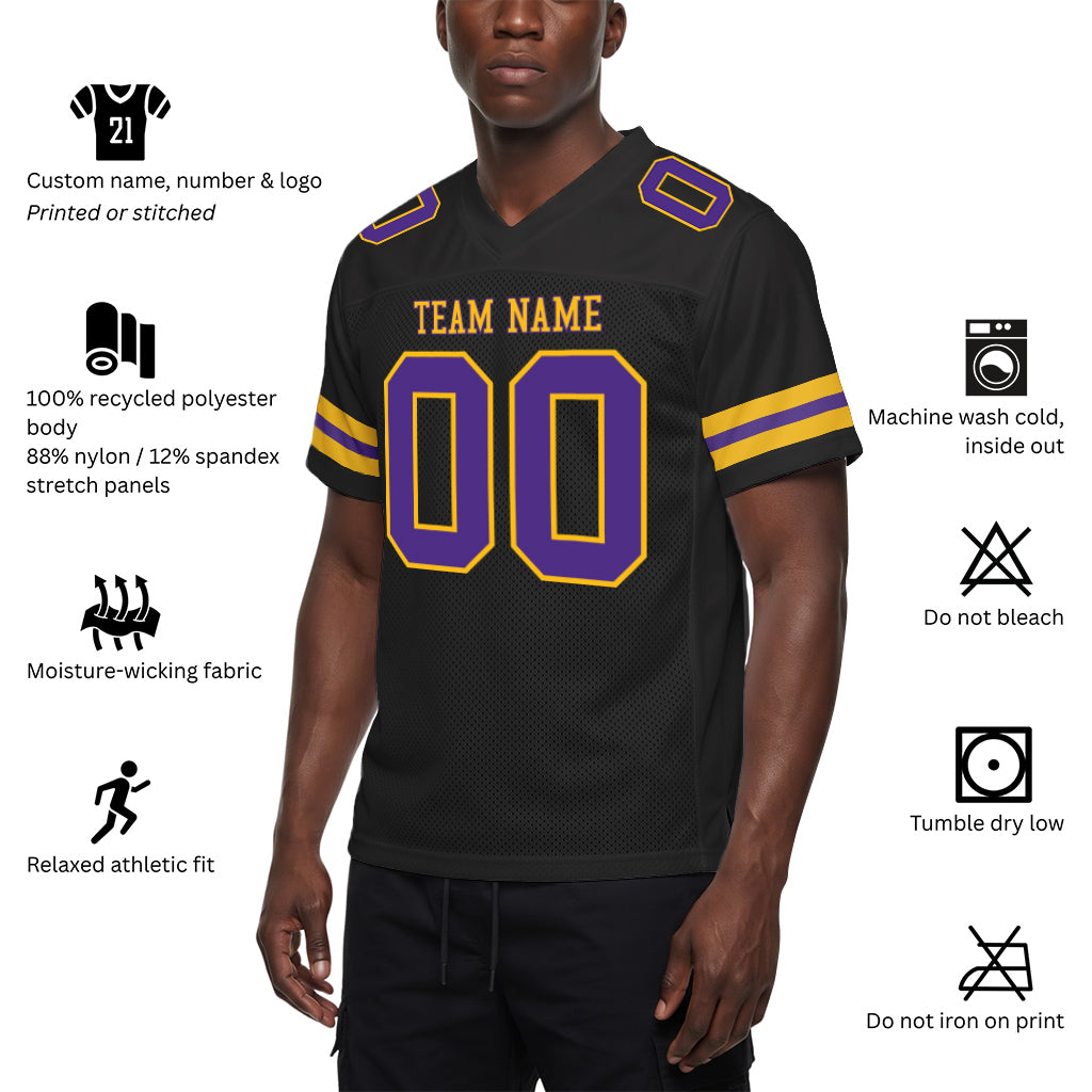 Custom Black Purple-Gold Mesh Football Jersey