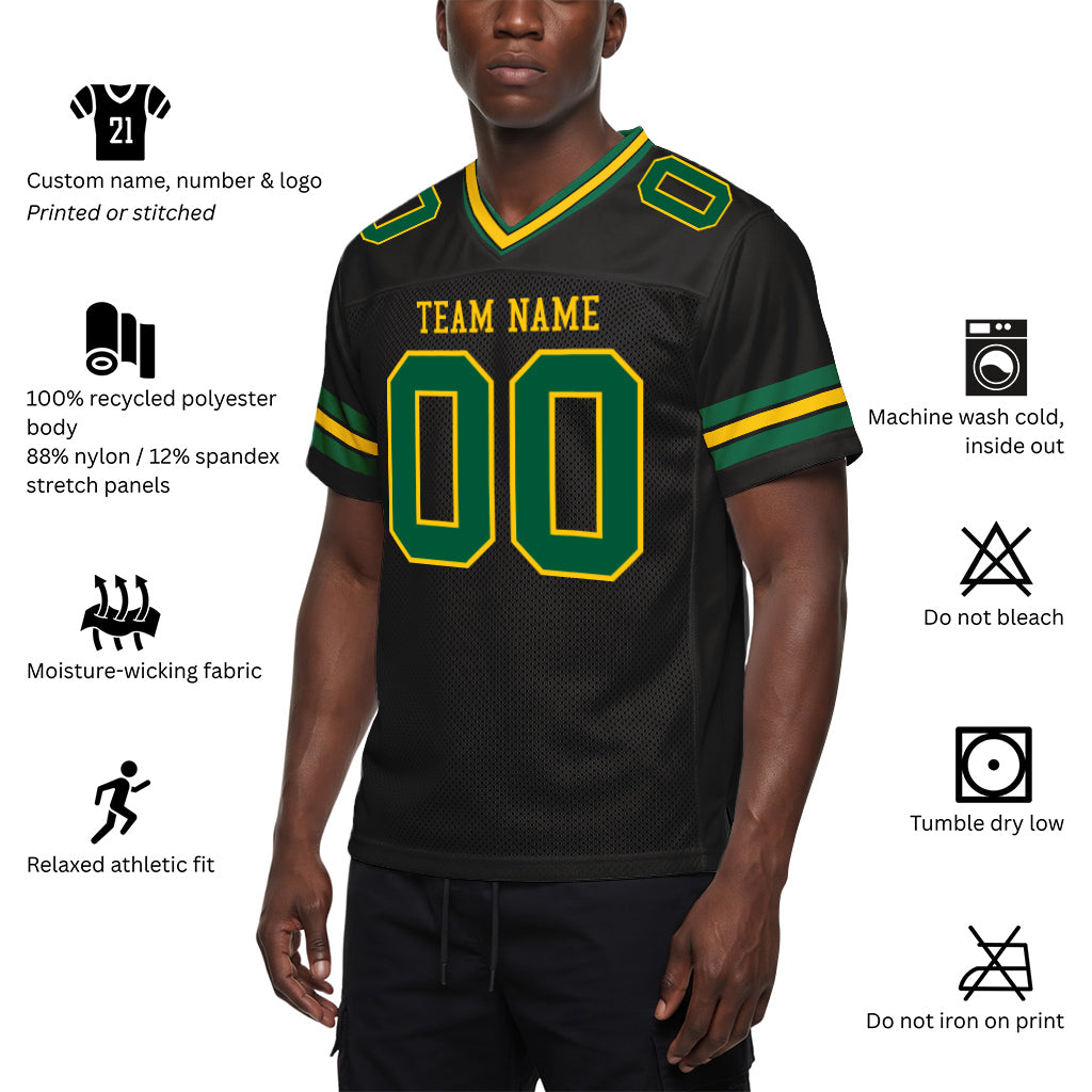 Custom Black Kelly Green-Gold Mesh Football Jersey