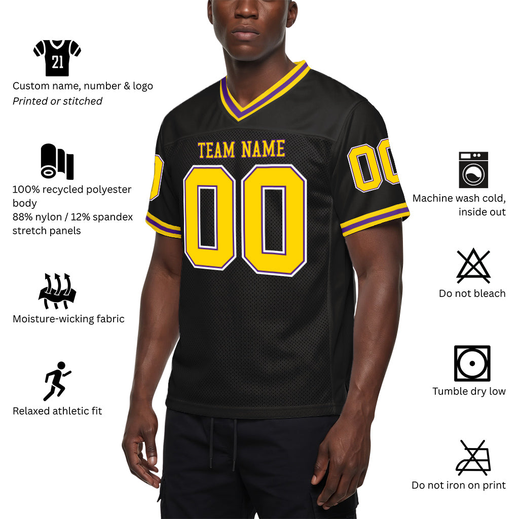 Custom Black Gold-Purple Mesh Throwback Mesh Football Jersey