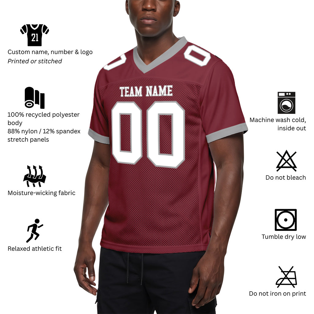 Custom Burgundy White-Gray Mesh Football Jersey