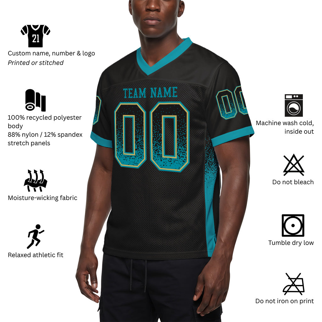 Custom Black Teal-Old Gold Drift Fashion Custom Name Mesh Football Jersey