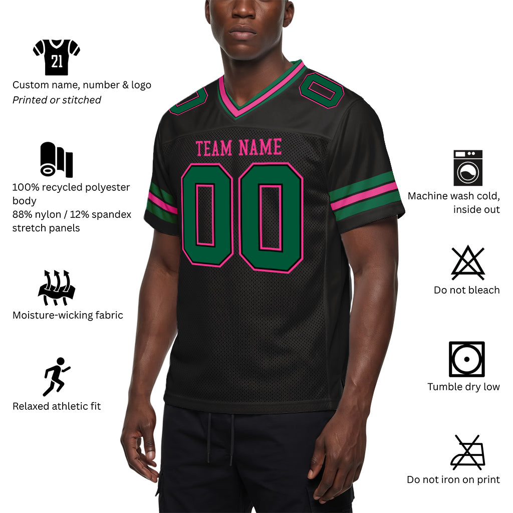Custom Black Kelly Green-Pink Mesh Football Jersey