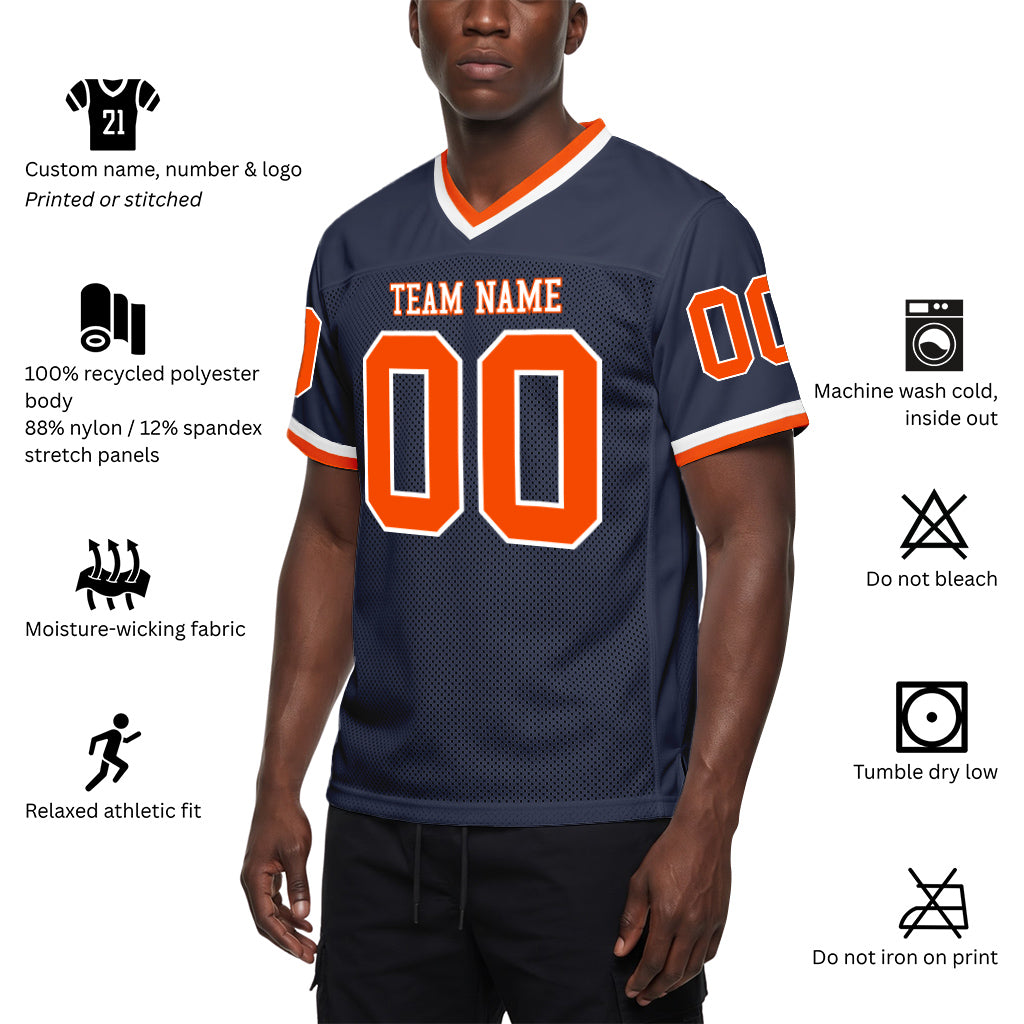 Custom Navy Orange-White Mesh Football Jersey