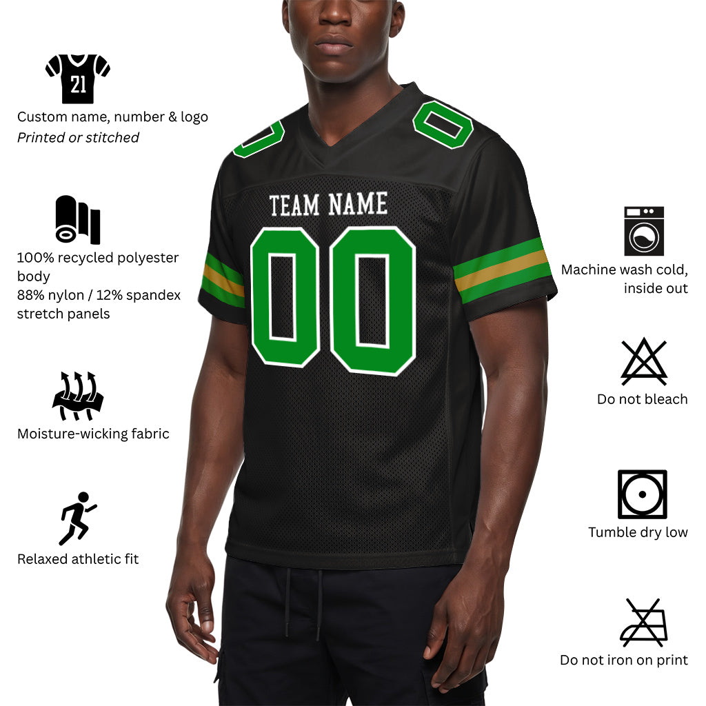 Custom Black Grass Green-Old Gold Mesh Football Jersey