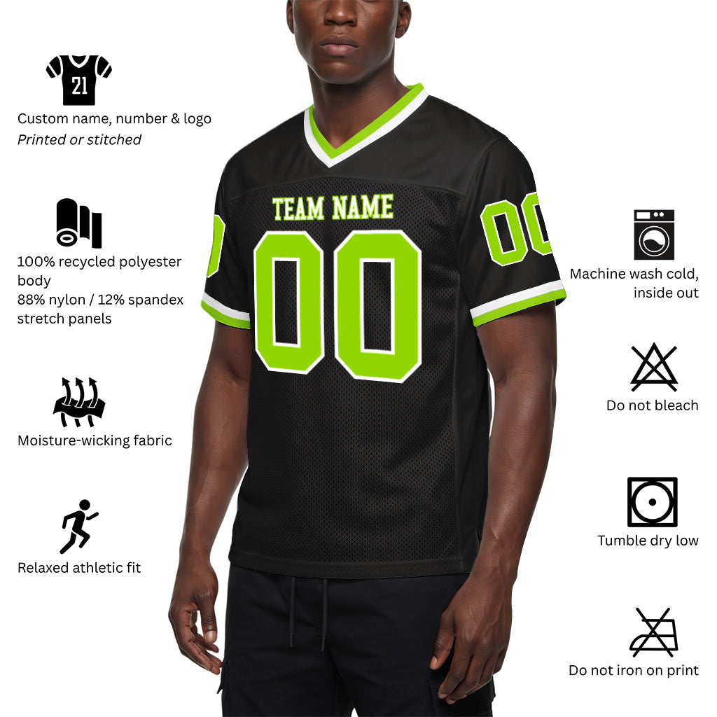 Custom Black Neon Green-White Mesh Throwback Mesh Football Jersey