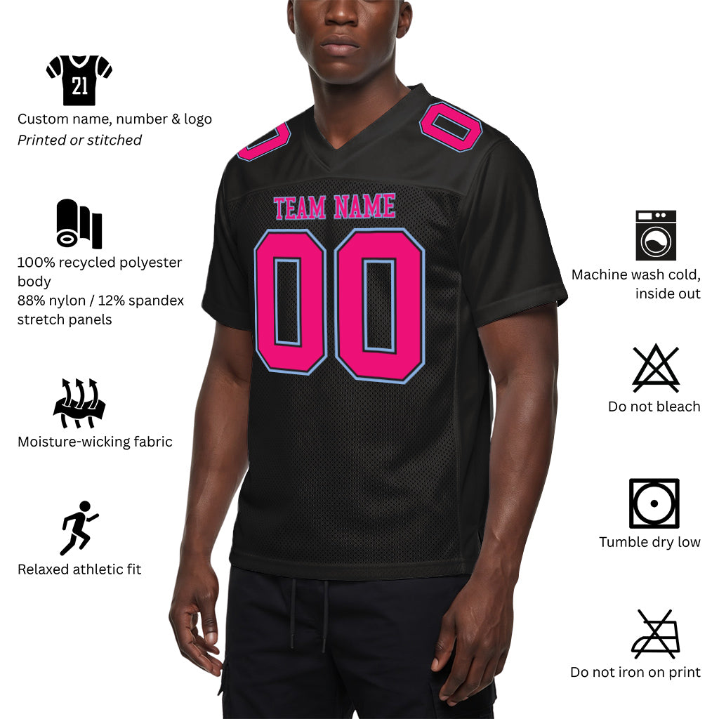Custom Black Hot Pink-Light Blue Mesh Football Jersey