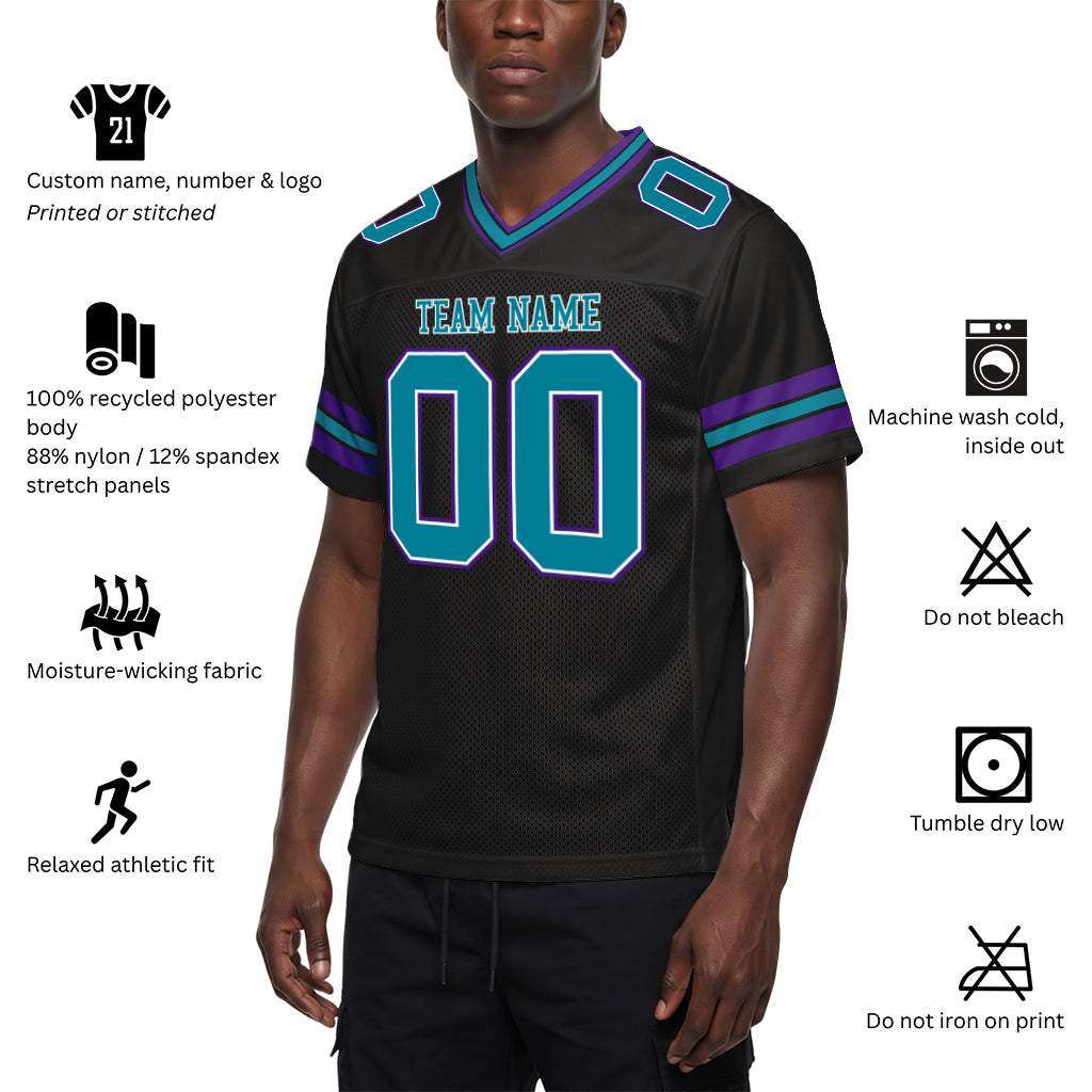 Custom Black Teal-Purple Mesh Football Jersey
