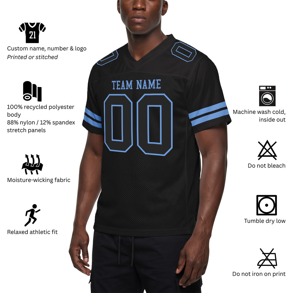 Custom Black Black-Light Blue Mesh Football Jersey