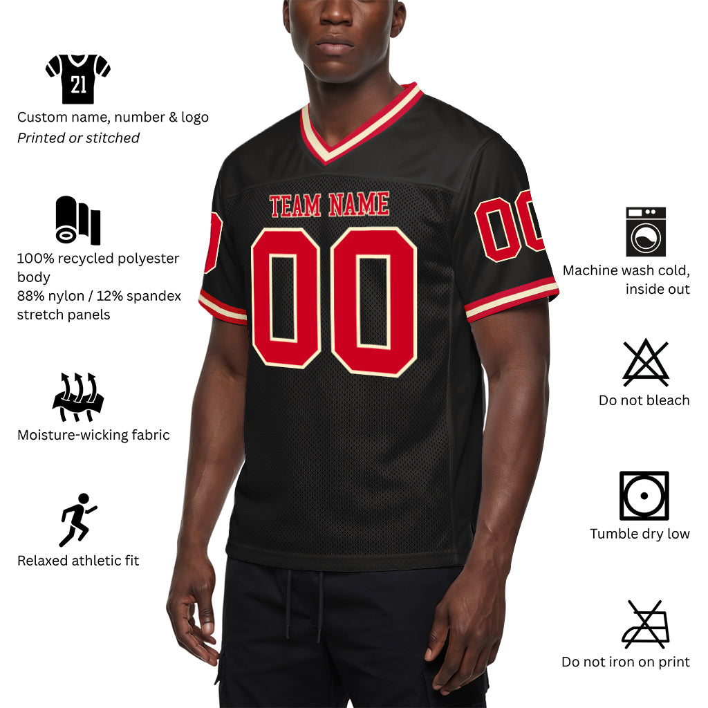 Custom Black Red-Cream Mesh Throwback Mesh Football Jersey