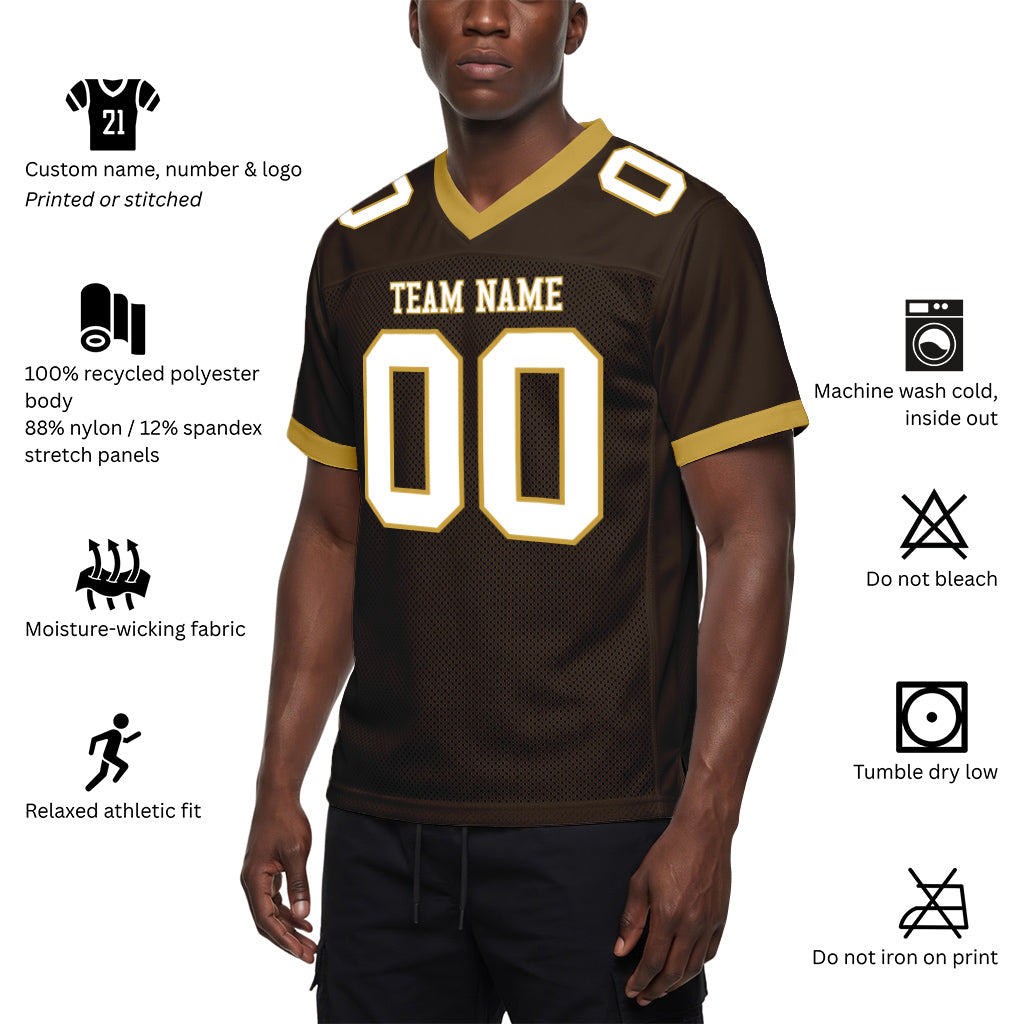 Custom Brown White-Old Gold Mesh Football Jersey