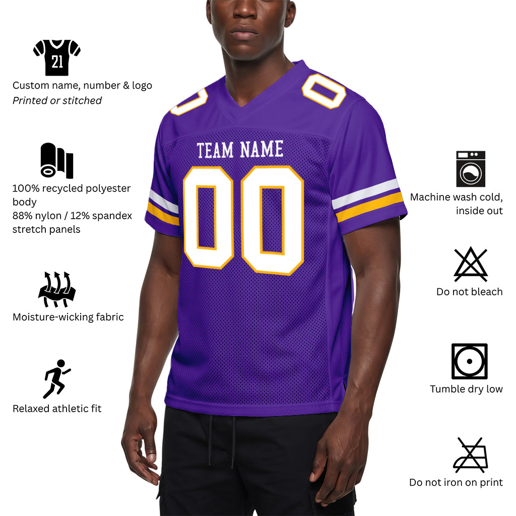 Custom Purple White-Gold Mesh Football Jersey