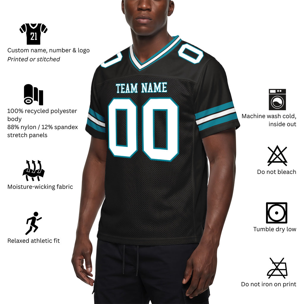 Custom Black White-Teal Mesh Football Jersey