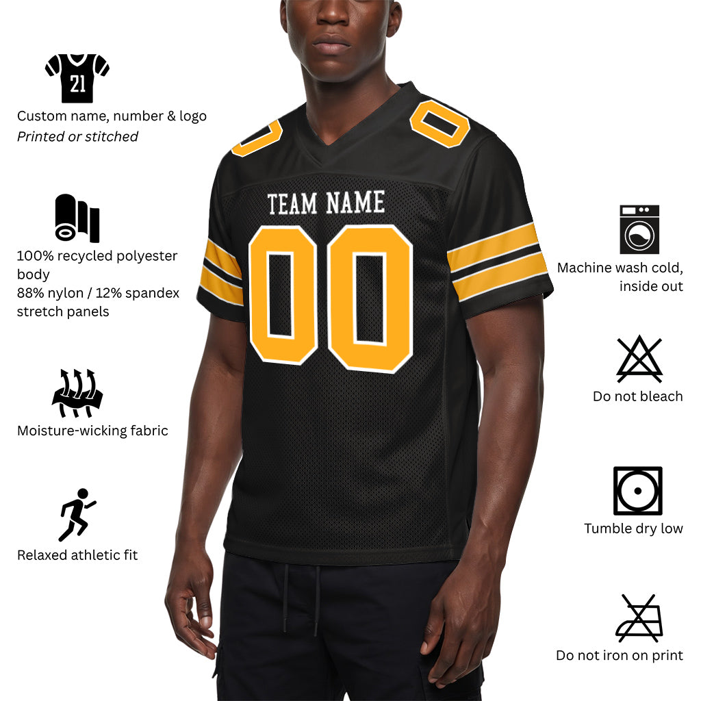 Custom Black White-Gold Mesh Football Jersey