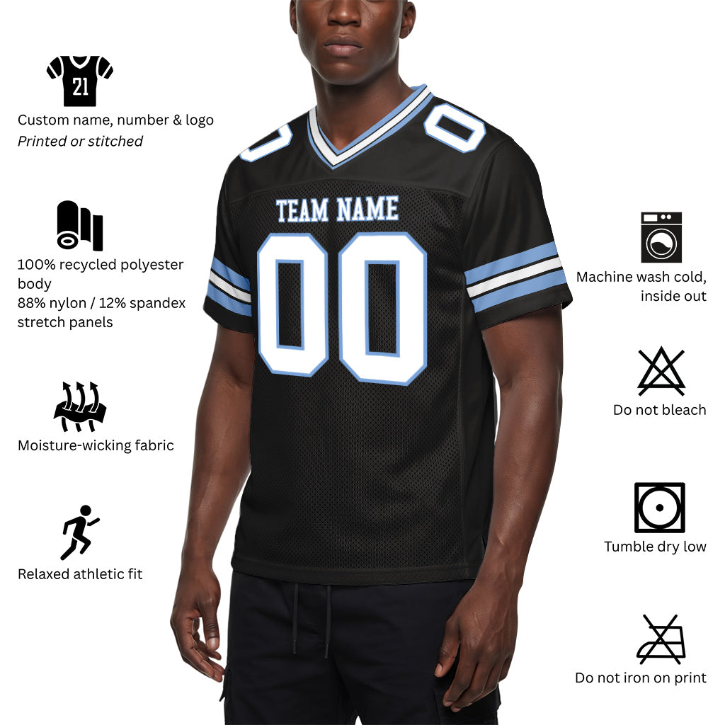 Custom Black White-Light Blue Mesh Football Jersey