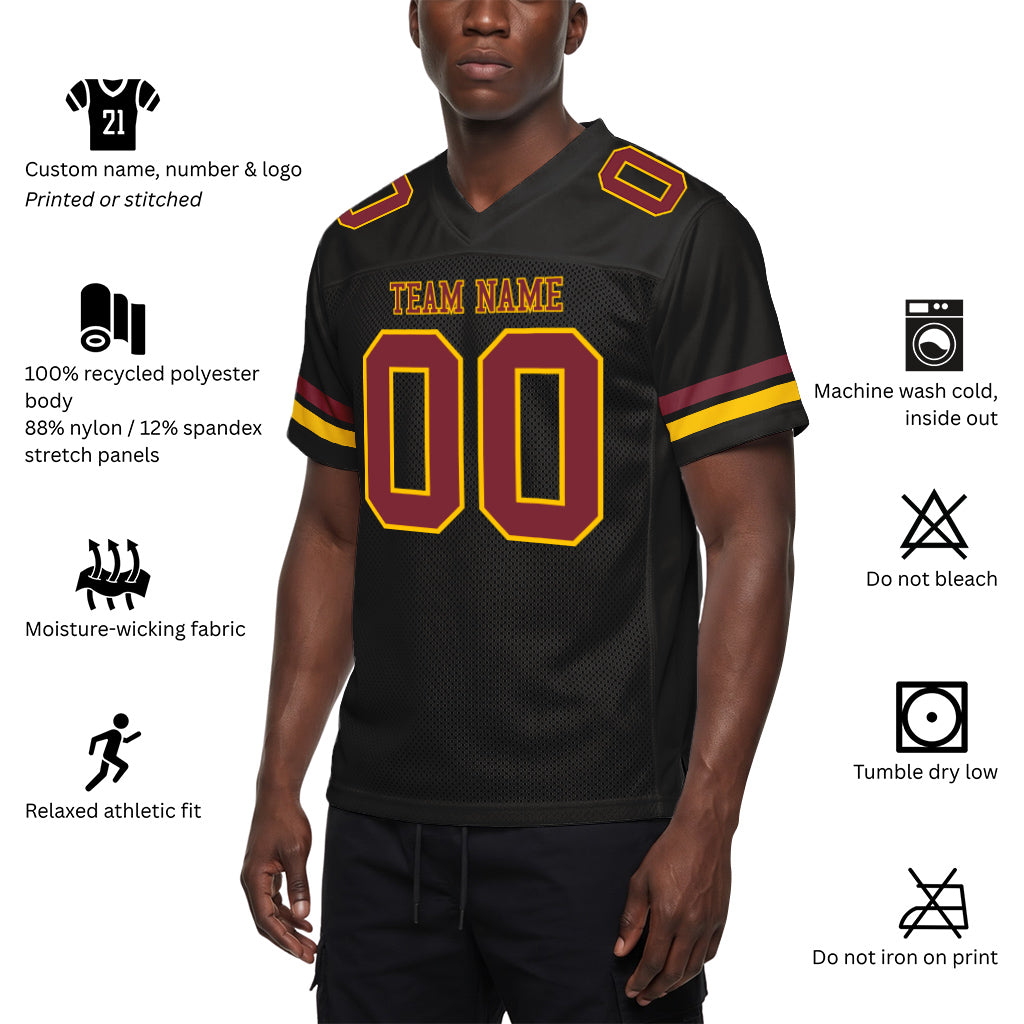Custom Black Burgundy-Gold Mesh Football Jersey
