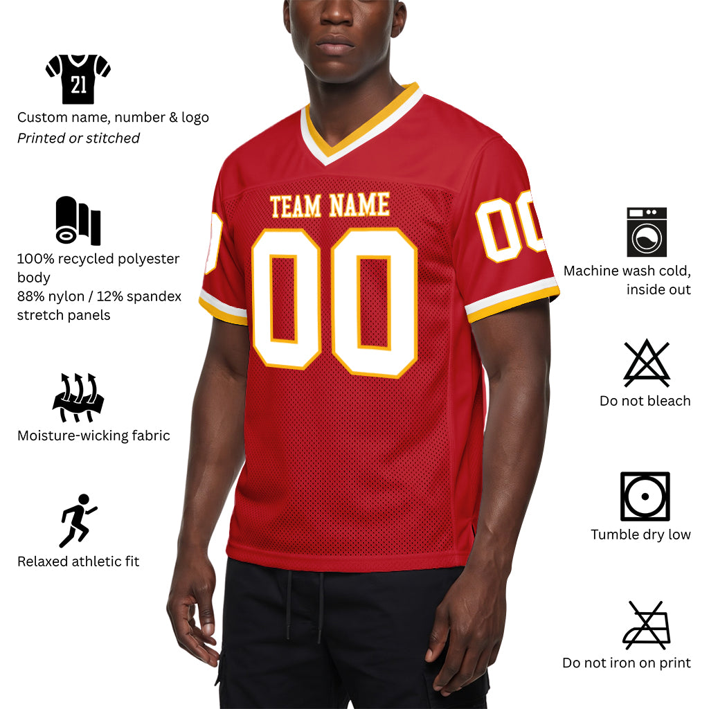 Custom Red White-Gold Mesh Football Jersey