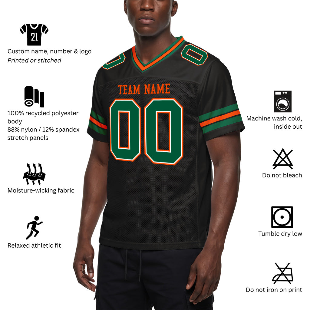 Custom Black Kelly Green-Orange Mesh Football Jersey
