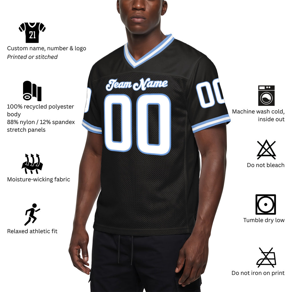 Custom Black White-Light Blue Mesh Throwback Mesh Football Jersey