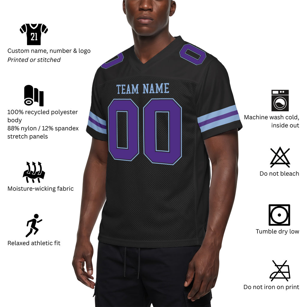 Custom Black Purple-Light Blue Mesh Football Jersey