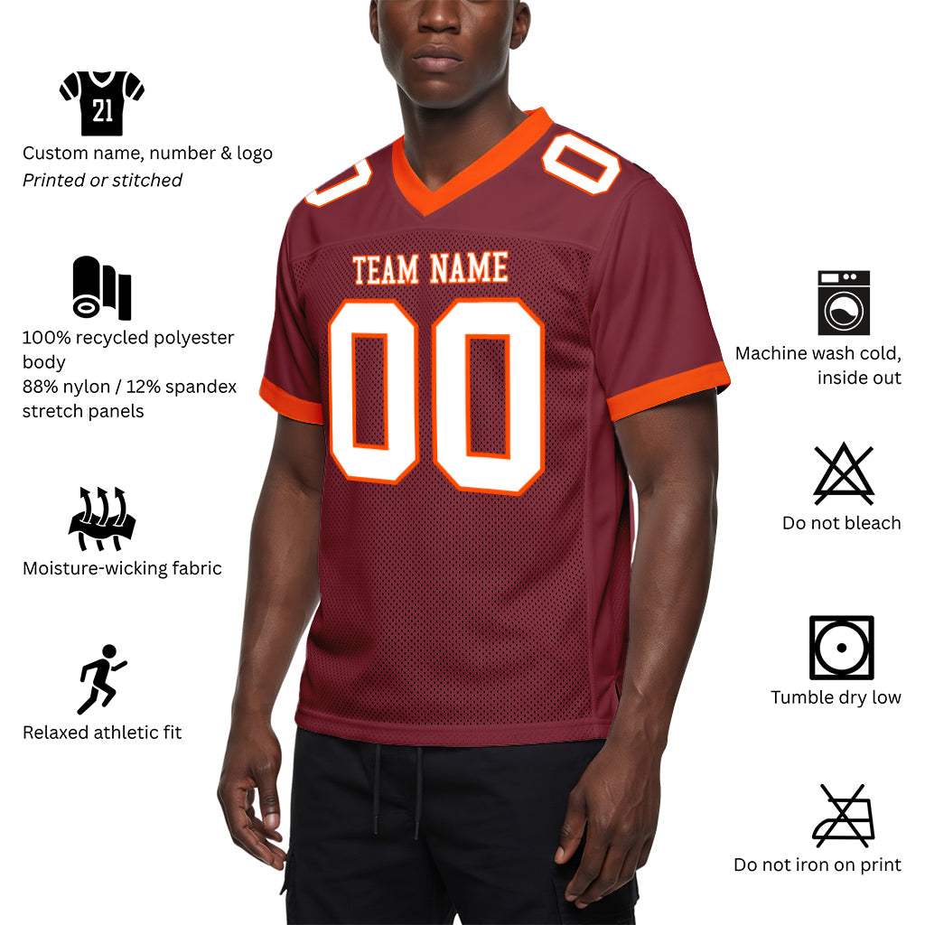 Custom Burgundy White-Orange Mesh Football Jersey