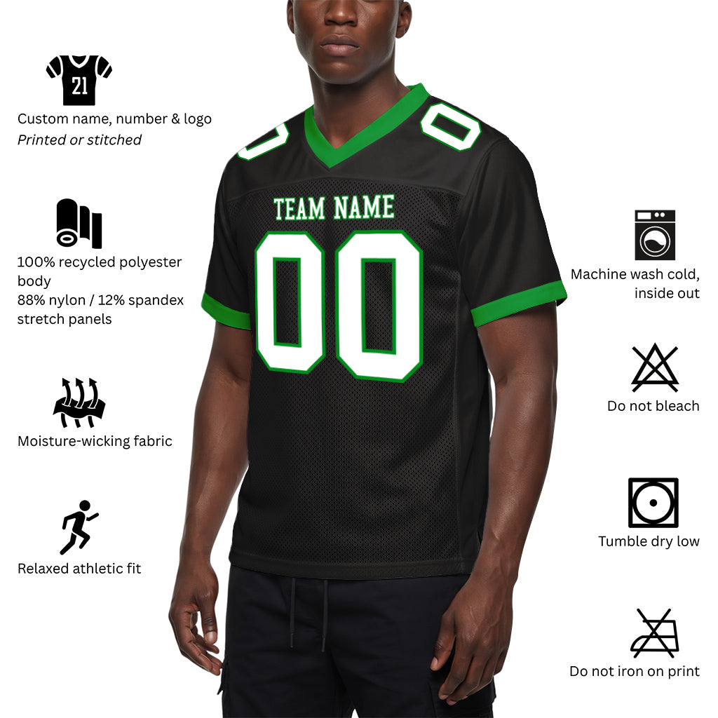 Custom Black White-Grass Green Mesh Football Jersey