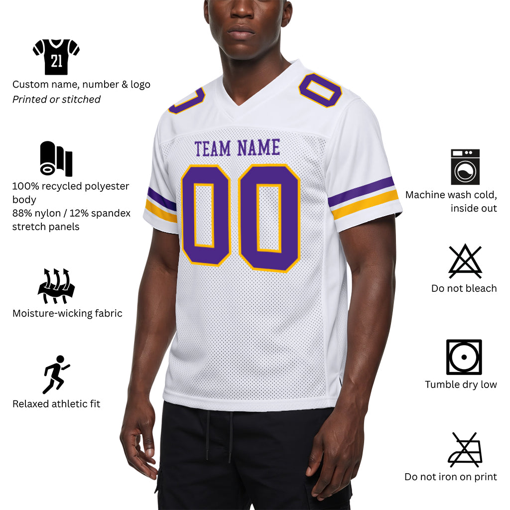 Custom White Purple-Gold Mesh Football Jersey