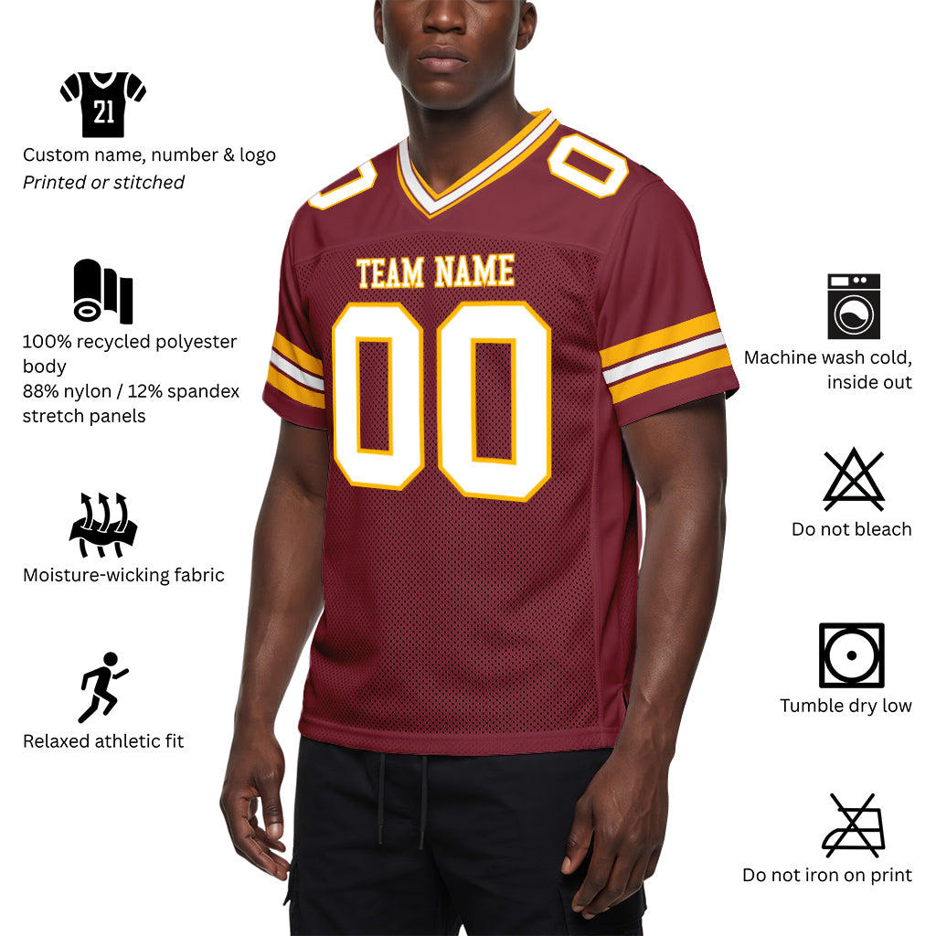 Custom Burgundy White-Gold Mesh Football Jersey
