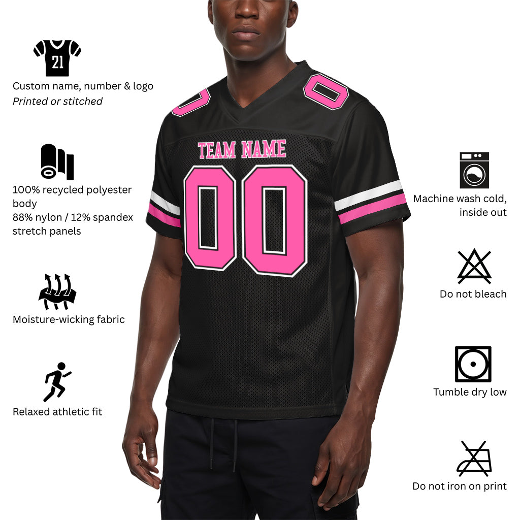 Custom Black Pink-White Custom Name Mesh Football Jersey