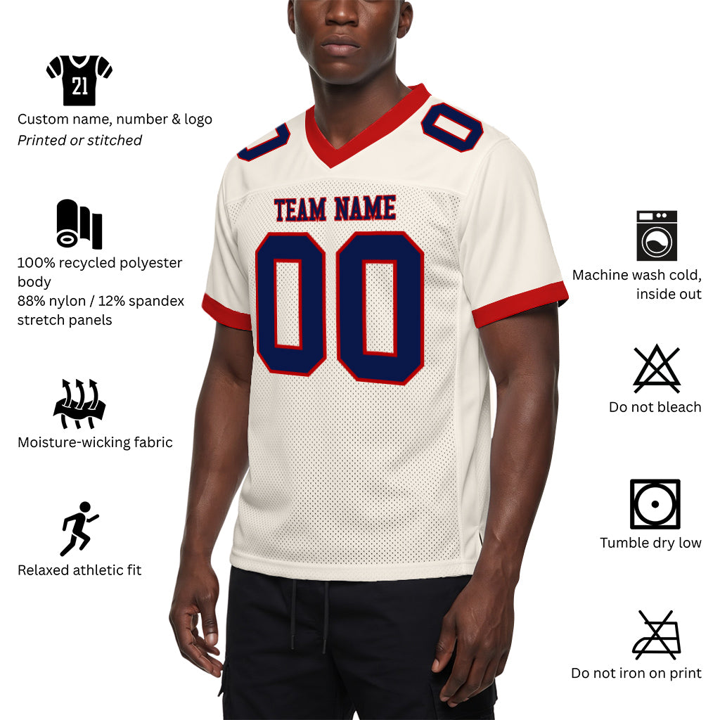 Custom Cream Navy-Red Mesh Football Jersey