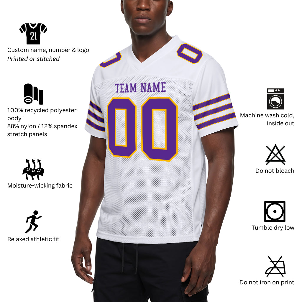 Custom White Purple-Gold Mesh Football Jersey
