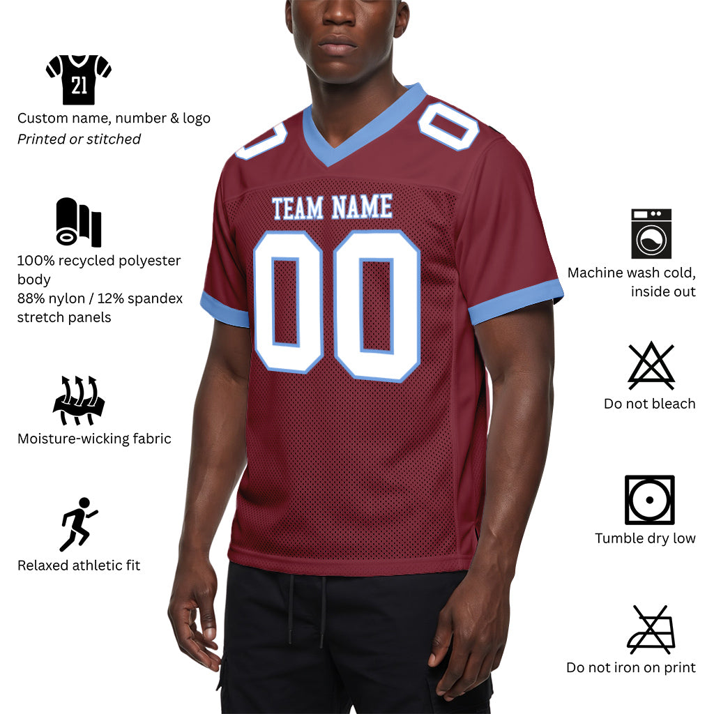 Custom Burgundy White-Electric Blue Mesh Football Jersey