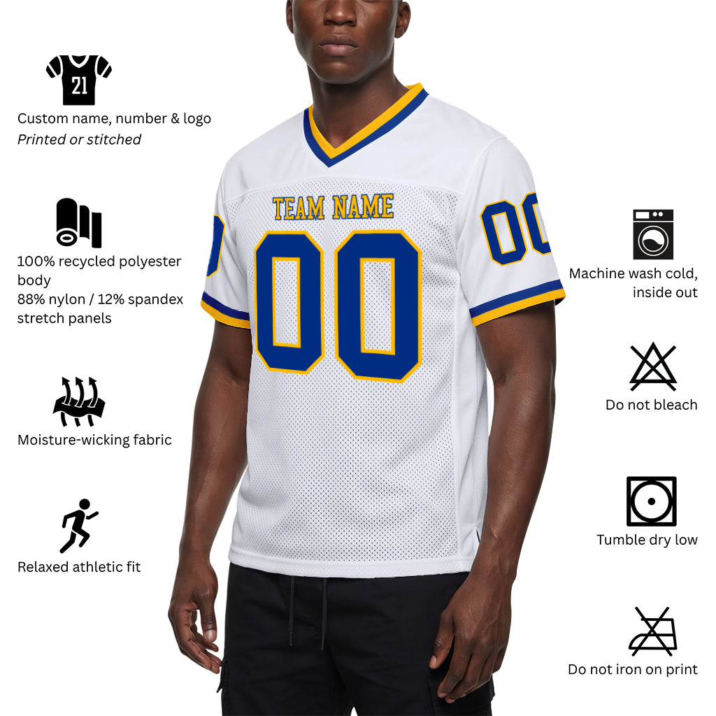 Custom White Royal-Gold Mesh Football Jersey