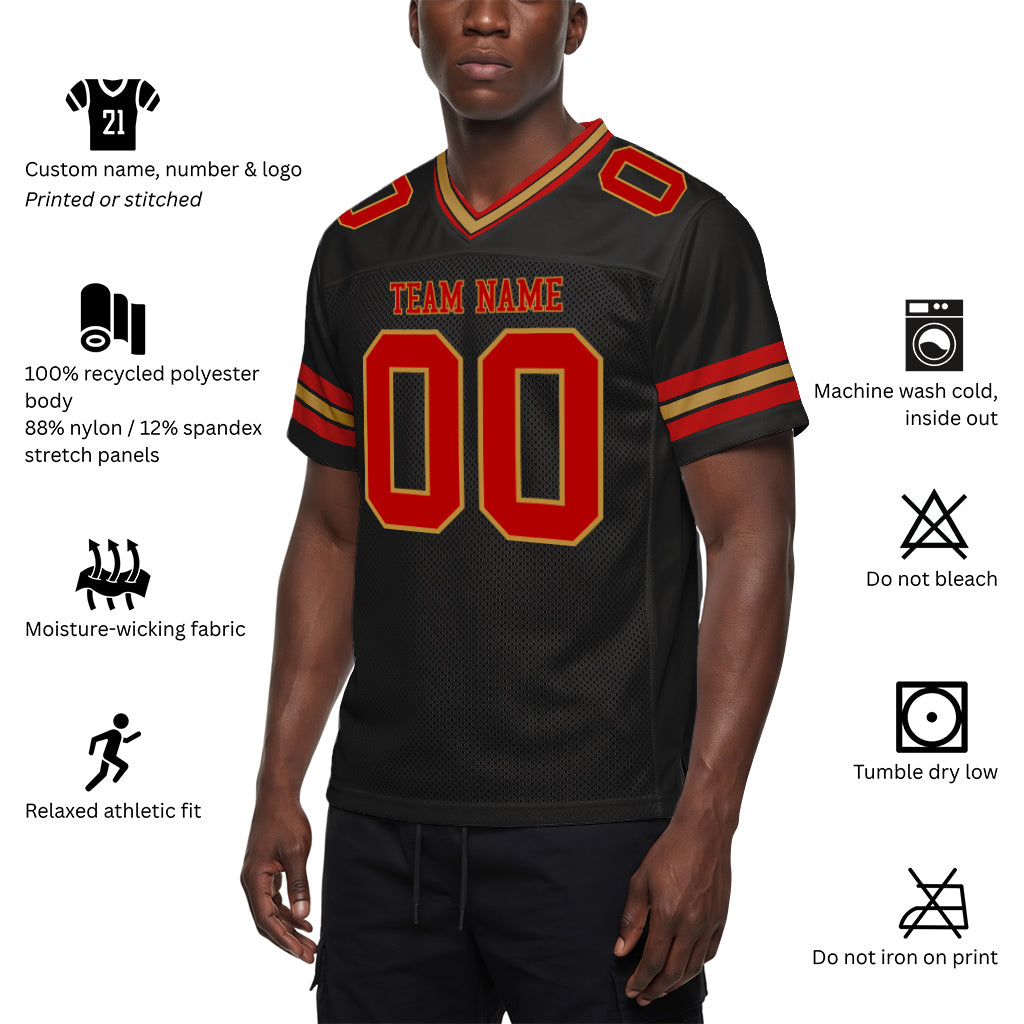 Custom Black Red-Old Gold Mesh Football Jersey