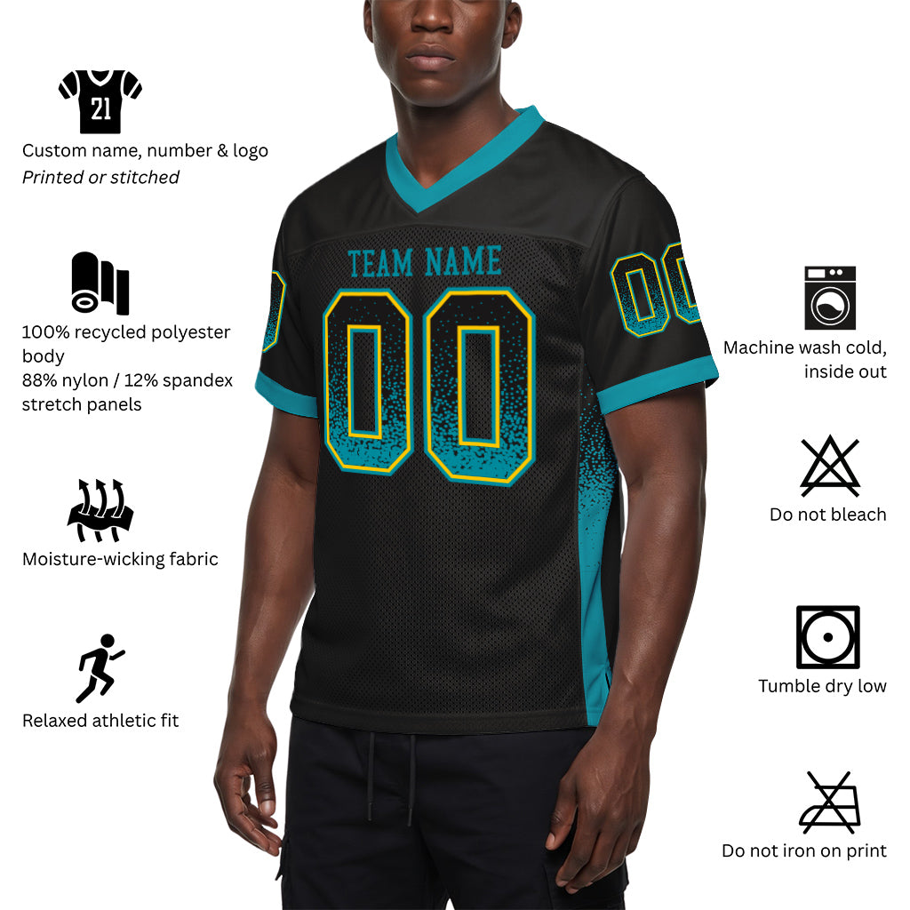 Custom Black Teal-Yellow Mesh Drift Fashion Mesh Football Jersey