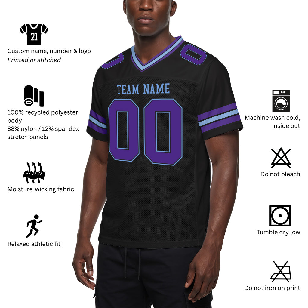 Custom Black Purple-Light Blue Mesh Football Jersey