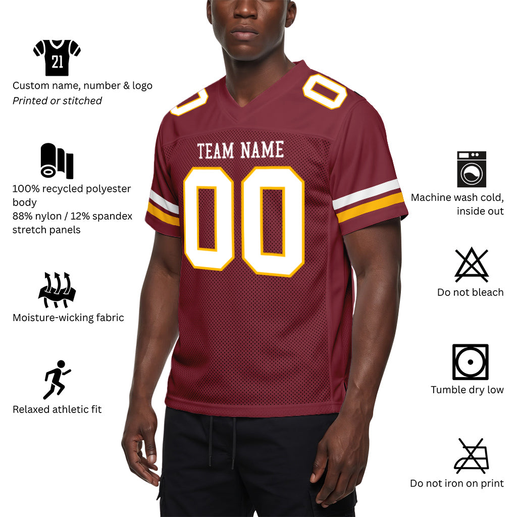 Custom Burgundy White-Gold Mesh Football Jersey