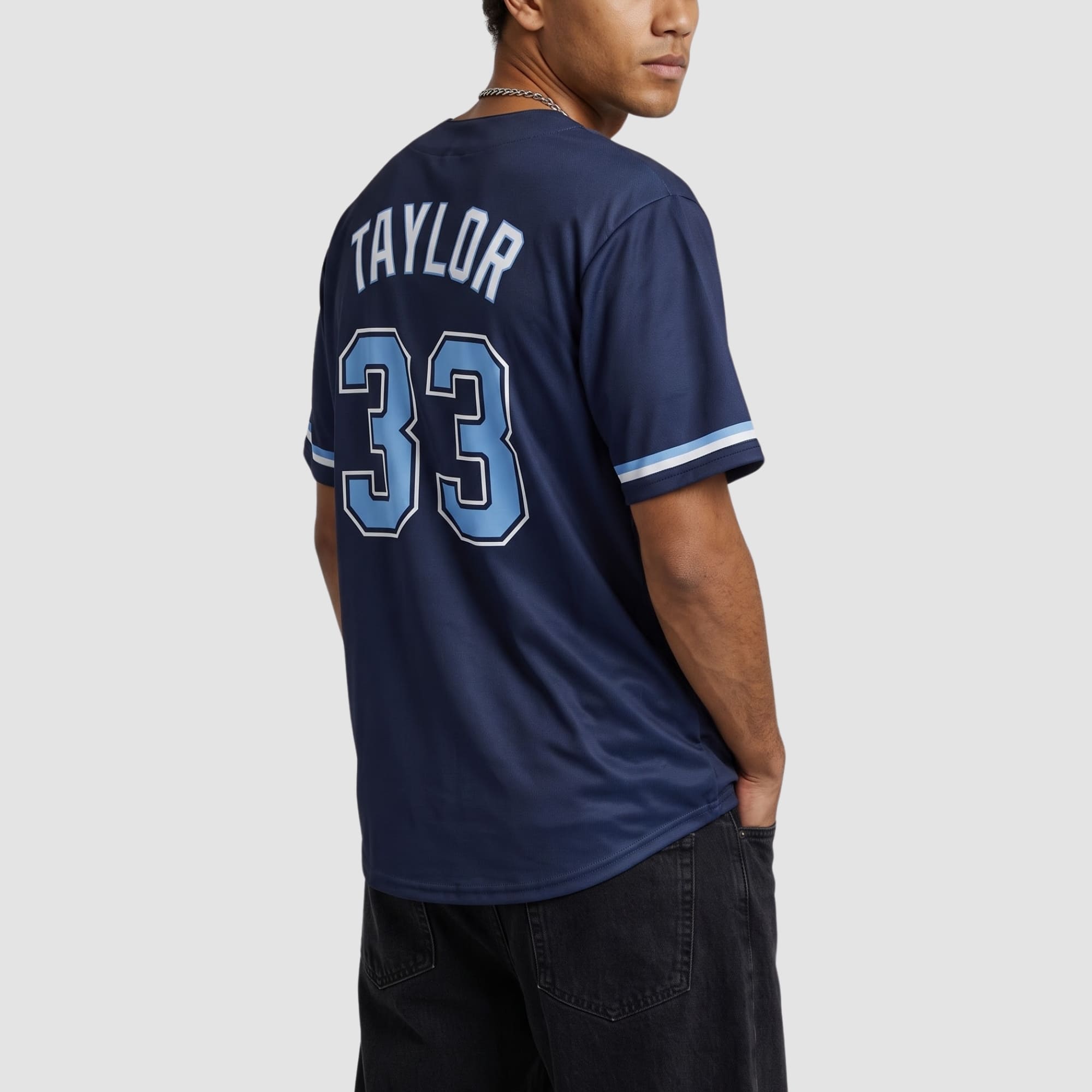Custom Navy Light Blue-White Collar Sleeve Feature Baseball Jersey